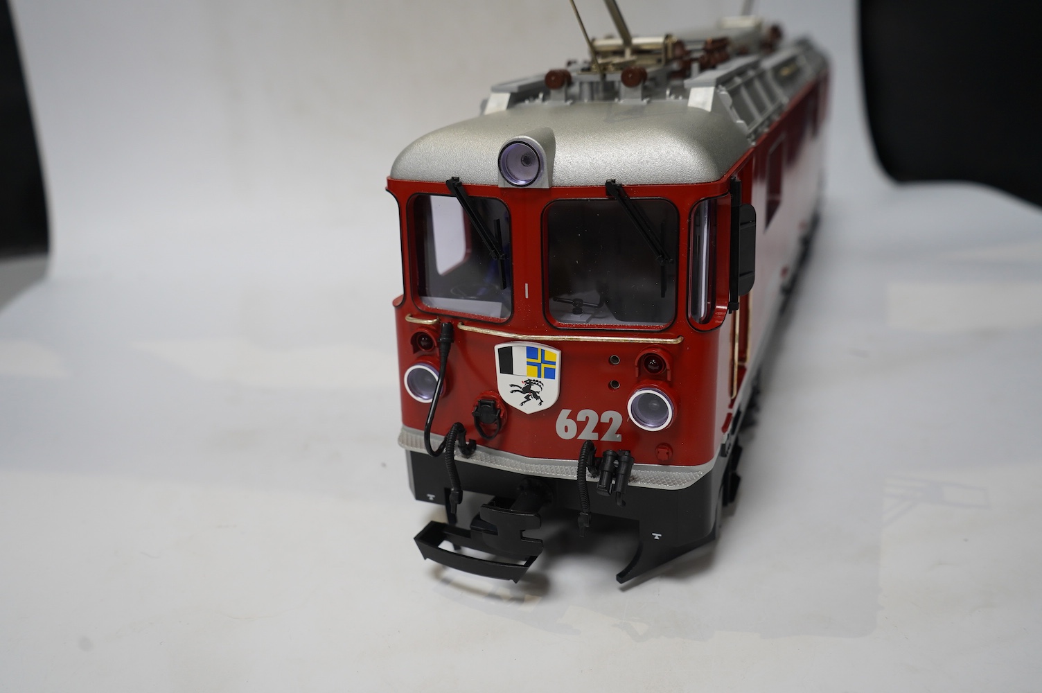 A boxed Lehman LGB (2043) G scale railway Rhatische Bahn Bo-Bo pantograph electric locomotive, 622, in red and silver livery. Condition - good, evidence of very minor running wear only.